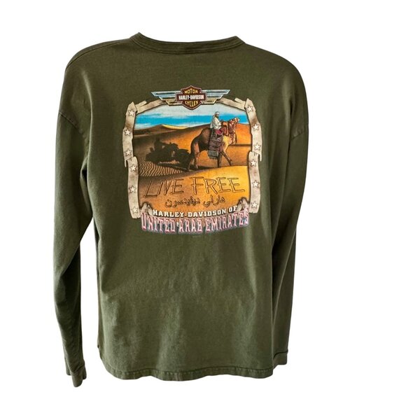 Harley-Davidson XL Green Henley Long Sleeve Shirt W/ UAE Live Free Graphic - Picture 1 of 7